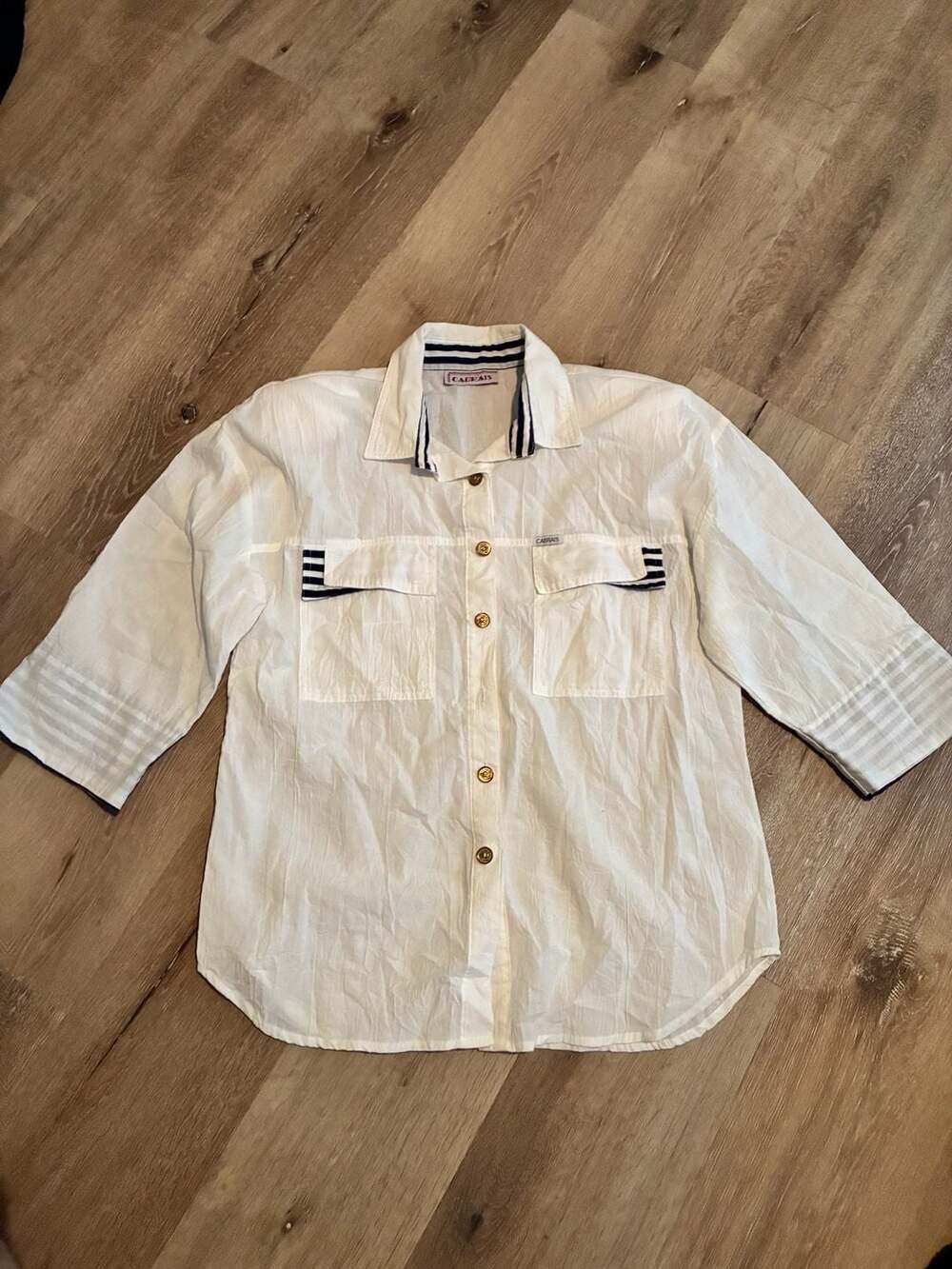 Cabrais Vintage White Nautical Button-Down Shirt with Striped Details